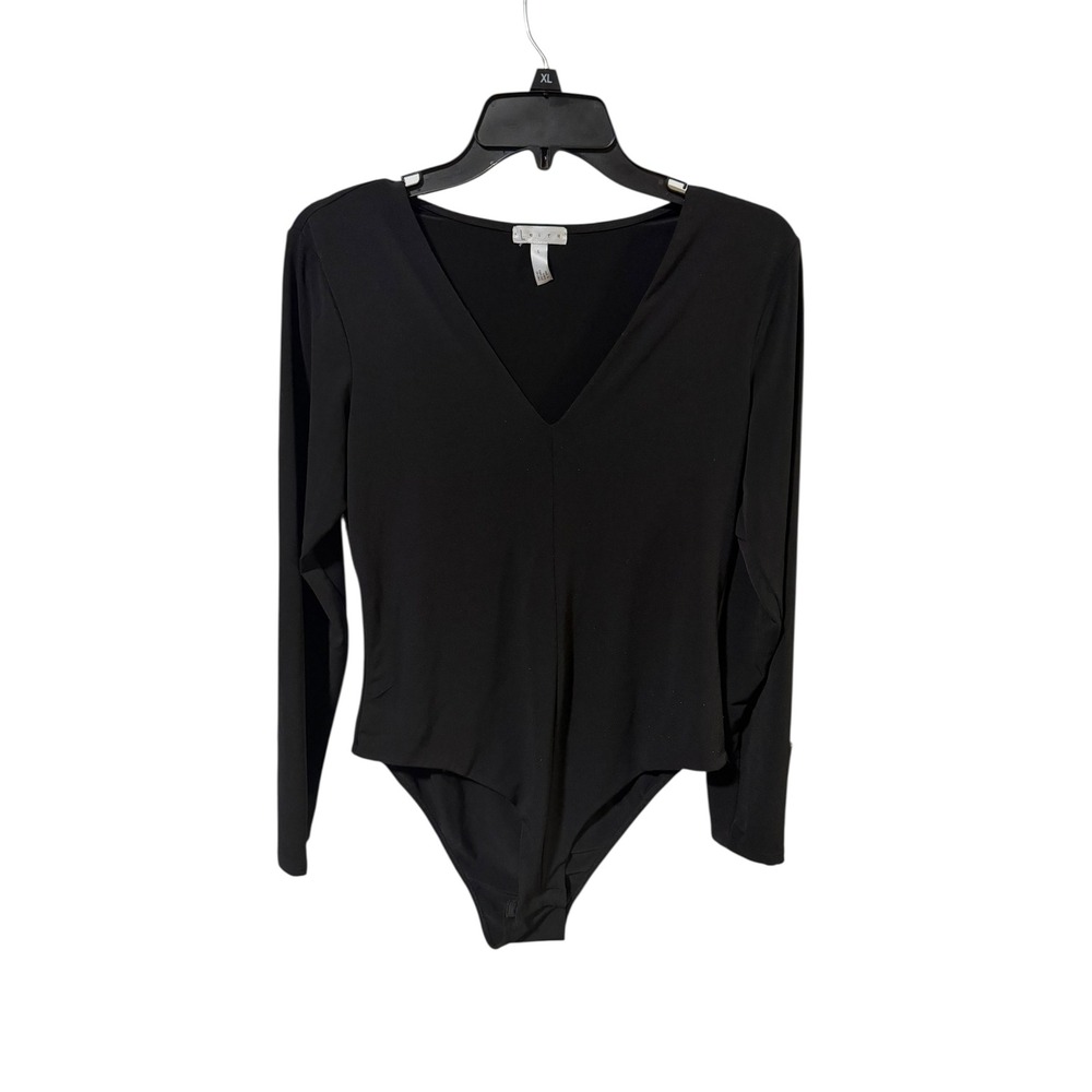 Leith Size Large Black V Neck Long Sleeve Button‎ Cuff Bodysuit Top